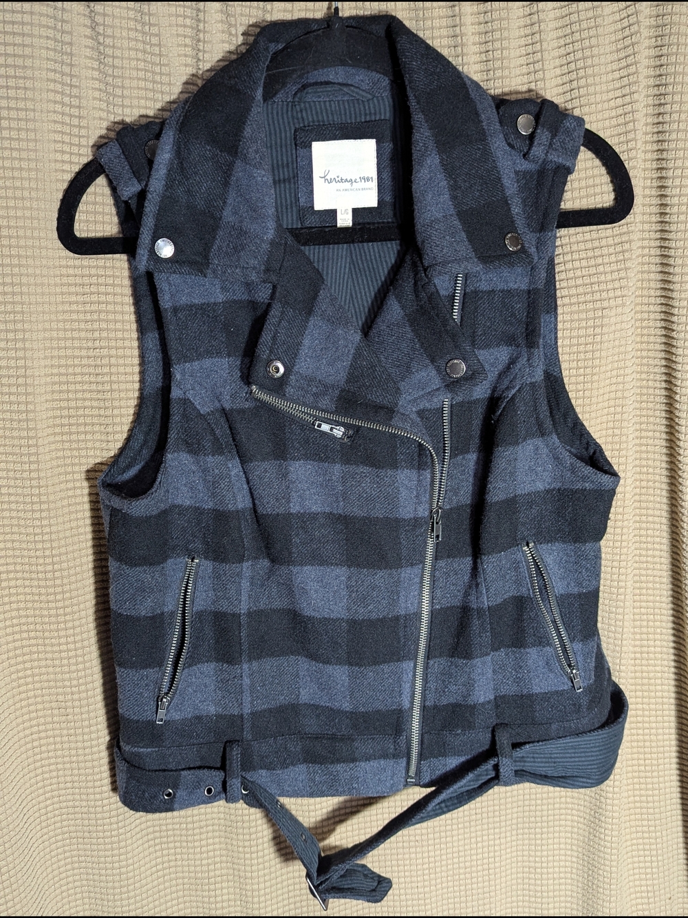 Heritage 1981 Black & Gray Plaid Sleeveless Moto Vest with Belt Detail